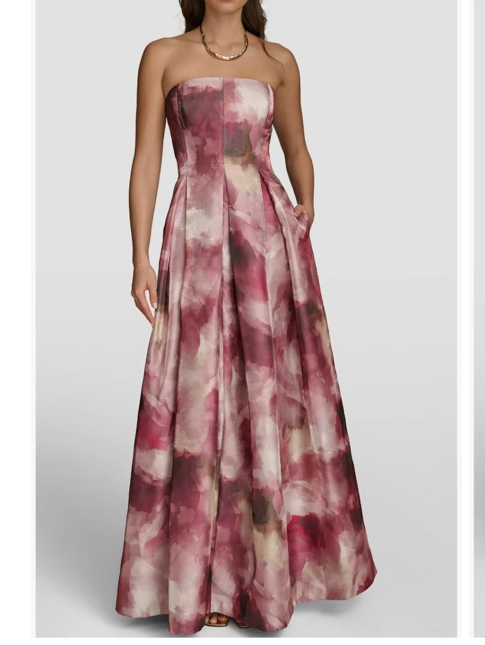 Donna Karan NWT $329 Floral Strapless Pleated Maxi Gown 10 Formal Dress Luxury